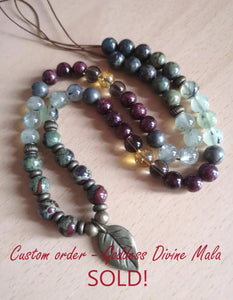 The Divine Goddess Mala Necklace in Bloodstone, Garnet, Tourmaline with matching Tear-drop Bloodstone Pendant Necklace