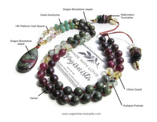 The Divine Goddess Mala Necklace in Bloodstone, Garnet, Tourmaline with matching Tear-drop Bloodstone Pendant Necklace