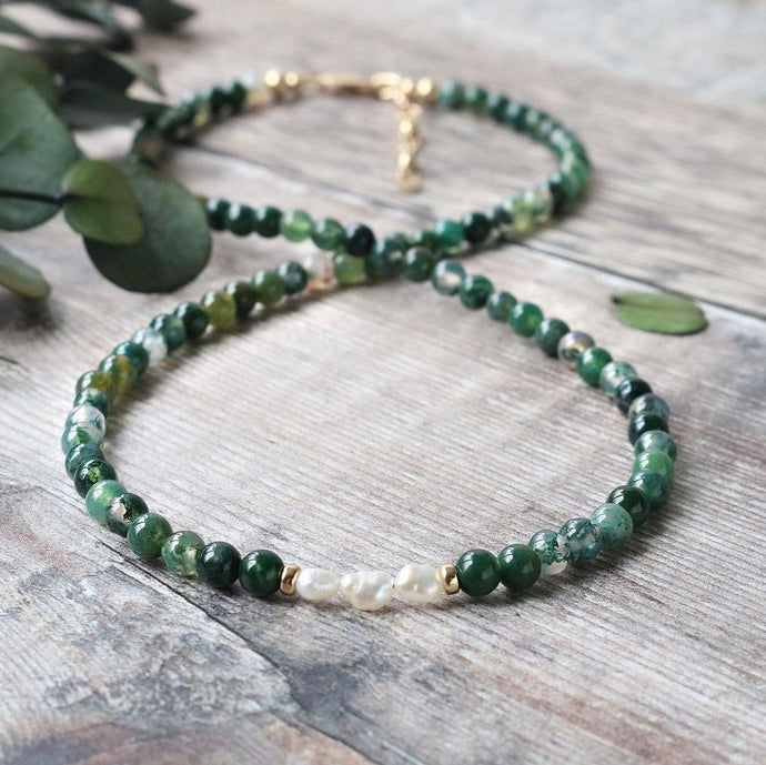 Green Moss Agate and Freshwater Pearl Choker Necklace - June Birthstone