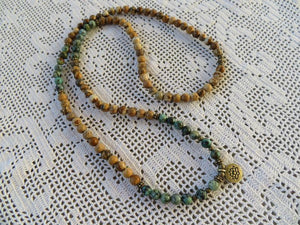 108 Bead Mala in African Turquoise, Jasper, Lotus Mala Necklace