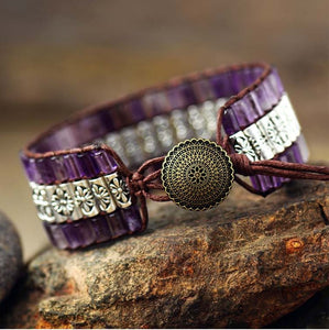 3 Row Amethyst, Tibetan silver Beaded Bracelet for her or him
