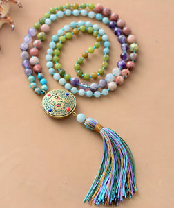 Long Colorful Mala with Tibetan Center Bead Tassel Necklace