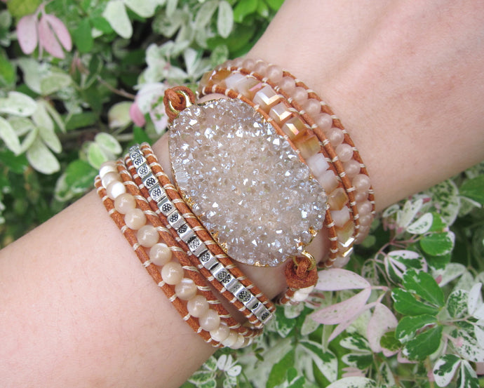 SALE - Natural Druzy Stone w/ Mother of Pearl Mix Wrap Bracelet