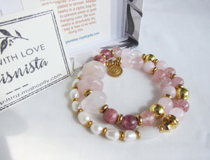 Rose Quartz, Strawberry Quartz, Thulite - Love, Fertility Mala Bracelet in 18K Gold Vermeil Lotus Charm