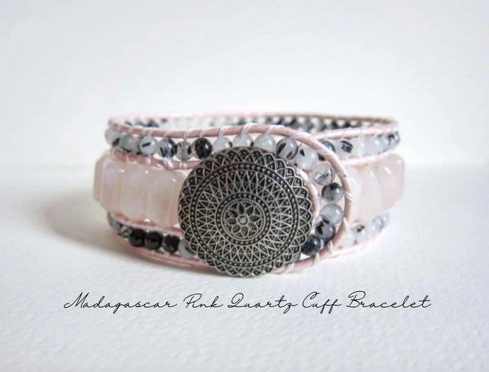 Madagascar Pink Rose Quartz Gemstone Leather Cuff Wrap Bracelet (wrist 6.5 - 7.5 inch) - Limited Edition