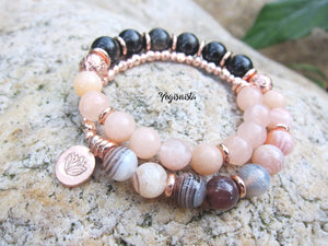 Black Gold Obsidian, Pink Lace Agate, Rose Gold Lotus Charm in 27 Bead Mala Bracelet