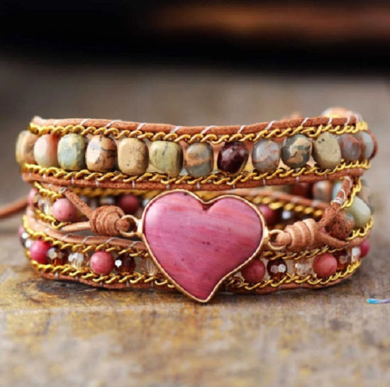 Pink Rhodonite Stone 3X Wrap Bracelet