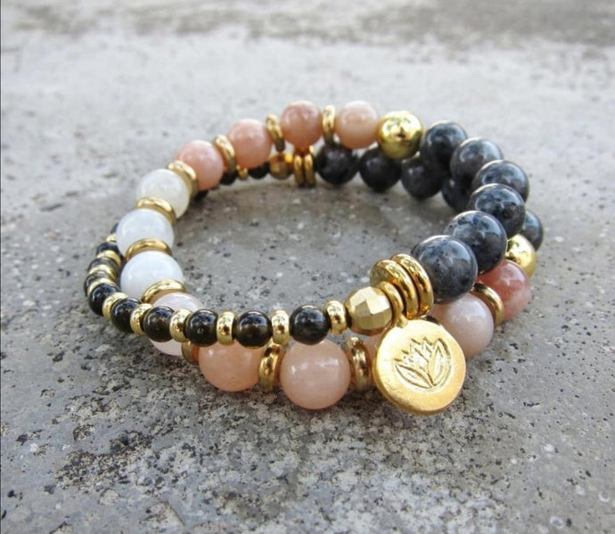 27 Bead in Moonstone and Larvikite Mala Bracelet w/ Gold charm