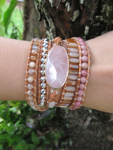 Natural Rose Quartz, Rhodonite, Sunstone Beaded Wrap Bracelet