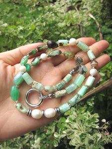 Freshwater Pearl, Chrysoprase Jade Beaded Necklace - Abundance, Protection, Prosperity