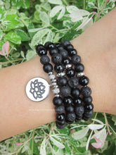 Unisex 108 Bead Mala in Shungite, Black Onyx, Lotus Mala Necklace (convertible to Bracelet)