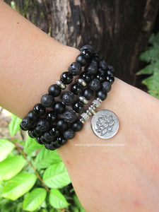 Unisex 108 Bead Mala in Shungite, Black Onyx, Lotus Mala Necklace (convertible to Bracelet)