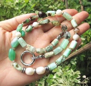 Chrysoprase Australian Jade, Freshwater Pearl Choker Necklace - Abundance, Protection, Prosperity