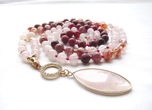 Red Hematoid Quartz, Pink Rose Quartz Pendant Necklace