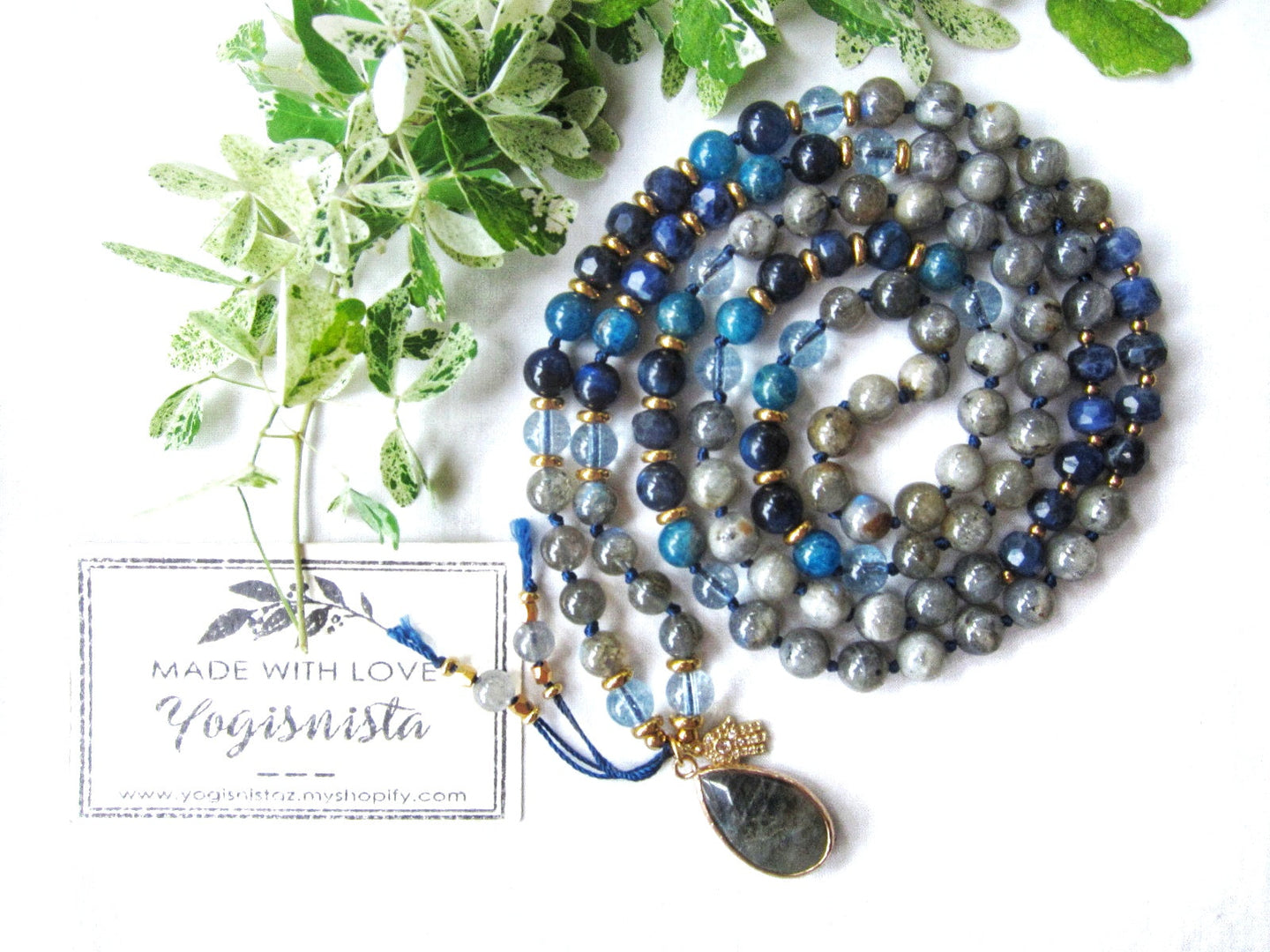 Blue Apatite, Sodalite, Rainbow Labradorite 108 Prayer Beads Mala Necklace