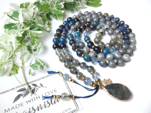 Blue Apatite, Sodalite, Rainbow Labradorite 108 Prayer Beads Mala Necklace