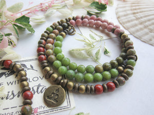 Unakite, Olive Jade and Pink Rhodonite Necklace