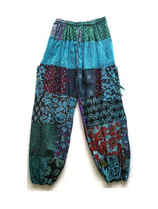 Boho Blue Patchwork Harem, Yoga Cotton Pants with Pockets