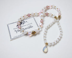 SALE - Rose Quartz, Selenite, Mystic Pink Quartz, Clear Quartz 3X Wrap Bracelet (convertible to necklace)