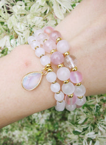 SALE - Rose Quartz, Selenite, Mystic Pink Quartz, Clear Quartz 3X Wrap Bracelet (convertible to necklace)