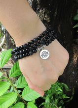 Unisex 108 Bead Mala in Shungite, Black Onyx, Lotus Mala Necklace (convertible to Bracelet)