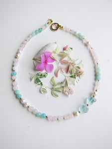 Rose Quartz, Freshwater Pearl, Blue Quartz Necklace