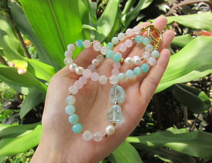 Rose Quartz, Freshwater Pearl, Blue Quartz Necklace