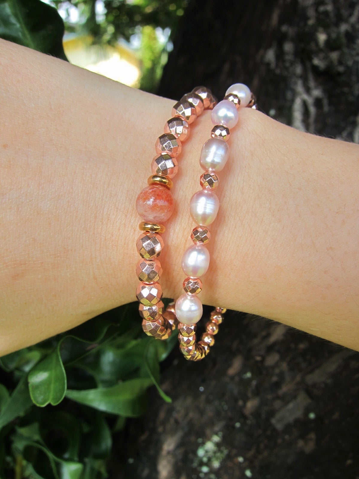 2 pc set - Sunstone, Freshwater Pearl, Rose Gold Hematite Stackable Bracelets