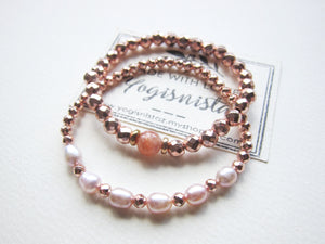 2 pc set - Sunstone, Freshwater Pearl, Rose Gold Hematite Stackable Bracelets