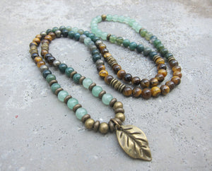 108 Bead Mala in Tiger Eye, Moss Agate Necklace