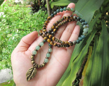 108 Bead Mala in Tiger Eye, Moss Agate Necklace - Abundance and Prosperity (convertible to Bracelet)