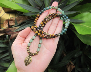 108 Bead Mala in Tiger Eye, Moss Agate Necklace - Abundance and Prosperity (convertible to Bracelet)