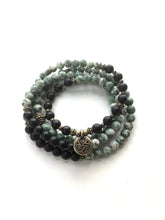 108 Bead Mala in Shungite, Tree Agate, Lotus Mala Necklace (convertible to Bracelet)