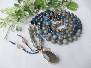 Rainbow Labradorite, Blue Sodalite 108 Prayer Beads Mala Necklace