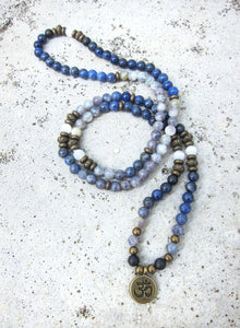 108 Bead Mala in Russian Shungite, Selenite, Sodalite and Iolite Necklace