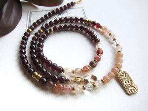 Red Garnet and Hematoid Quartz in Stainlesss Charm Pendant Necklace