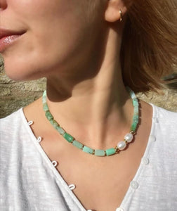 Mother of Pearl, Chrysoprase Jade Beaded Necklace - Abundance, Protection, Prosperity