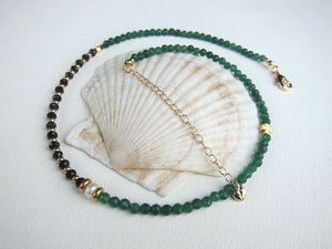 Delicate Green Emerald, Black Spinel Choker Necklace