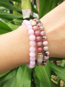 Rose Quartz, Rhodonite, Fossil Jasper Single Mala Bracelets