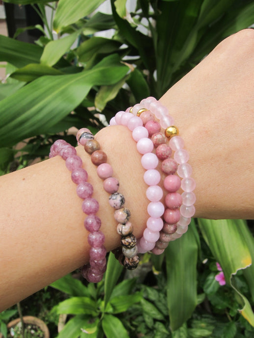 Rose Quartz, Rhodonite, Fossil Jasper Single Mala Bracelets