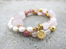 27 Bead mala bracelet in Rose Quartz, Norwegian Thulite, Strawberry Quartz, Pink Morganite, Gold Hematite, Rose Quartz Leaf, natural freshwater Pearls