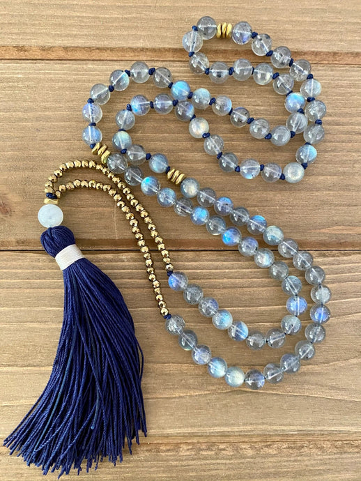 Rainbow Labradorite Mala Tassel Necklace