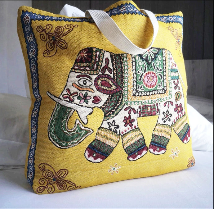 Handmade Yellow Mustard Elephant Tapestry Bag