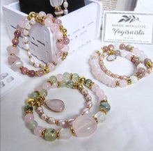Pink Rose Quartz, Strawberry Quartz, Thulite - Love, Fertility Mala Bracelet in 18K Gold Vermeil Lotus Charm