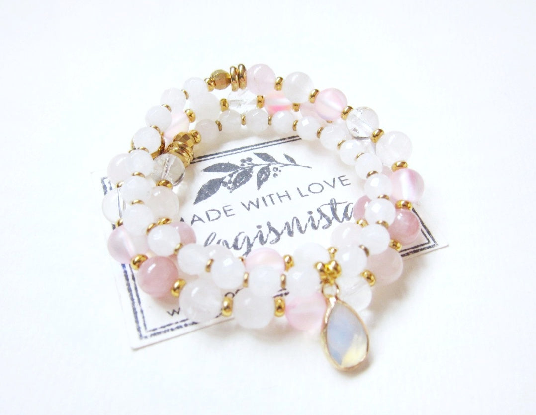 SALE - Rose Quartz, Selenite, Mystic Pink Quartz, Clear Quartz 3X Wrap Bracelet (convertible to necklace)