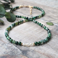 Green Moss Agate and Freshwater Pearl Choker Necklace - June Birthstone