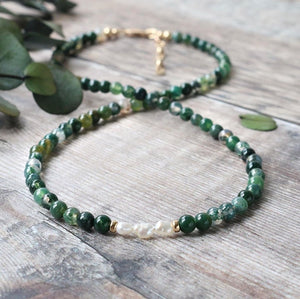 Green Moss Agate and Freshwater Pearl Choker Necklace - June Birthstone