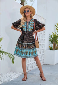 Midnight Blue Bohemian Print Puffed Sleeve Dress (Size S to XL)