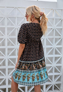 Midnight Blue Bohemian Print Puffed Sleeve Dress (Size S to XL)