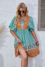 2023 Bohemian Dream Turquoise Floral Print Tie Neck Puffed Sleeve Dress - Spring Collection